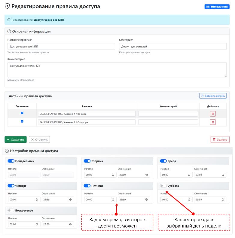 Редактирование правил доступа