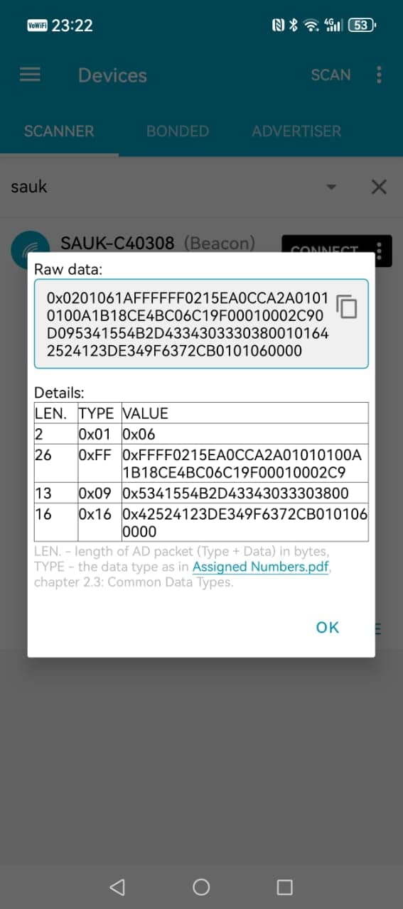 nRF Connect - Raw данные SAUK Beacon